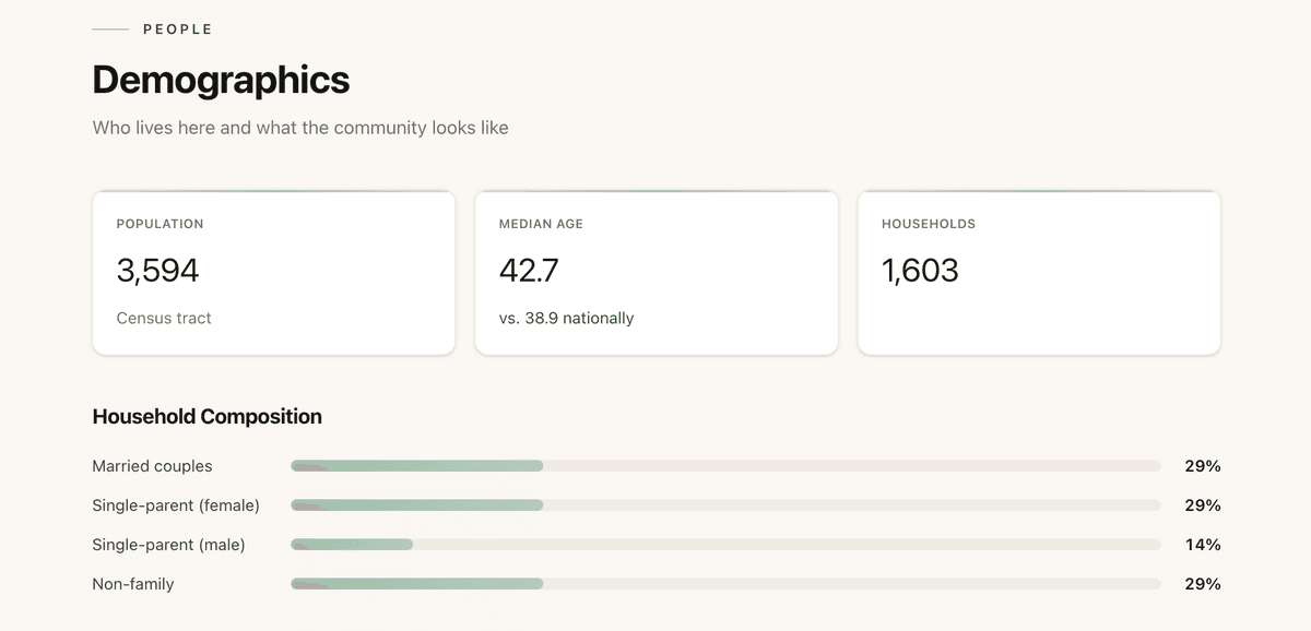Demographics data section from a Locale report — population, median age, household composition from Census ACS