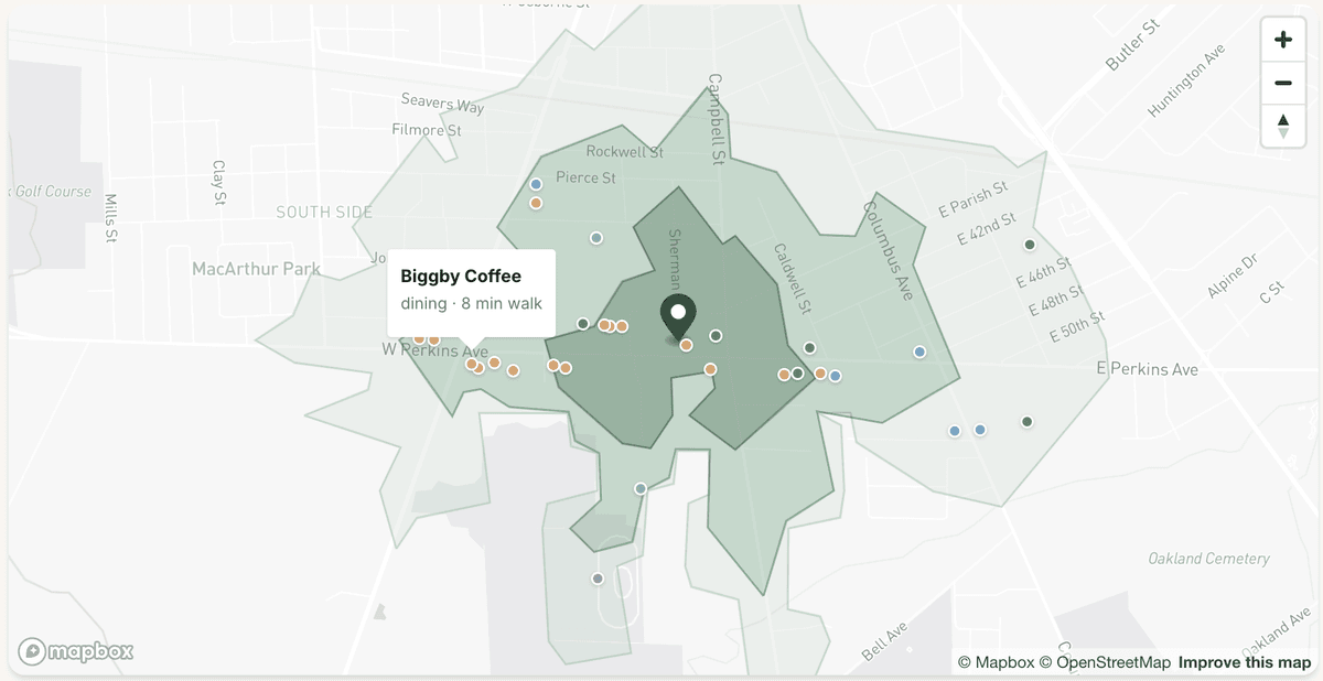 Interactive Mapbox map with 5/10/15-minute walking-distance isochrone rings and nearby POI markers
